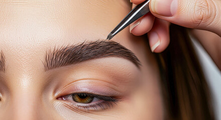 A woman gets her eyebrow hair plucked with tweezers during a beauty treatment, close up for cosmetology procedure.