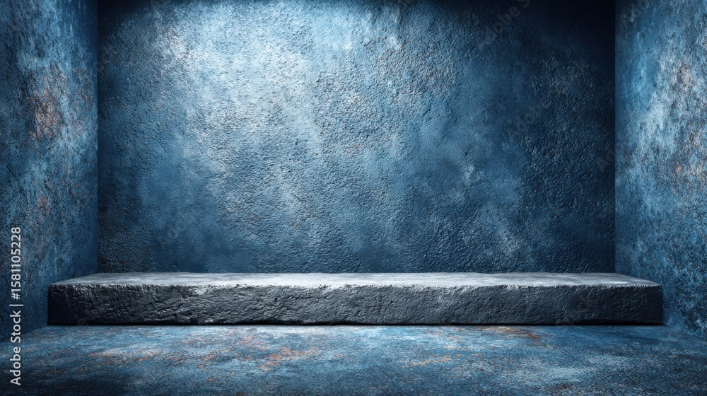 Poster a spacious, empty room features a striking blue concrete background illuminated with soft light, cre