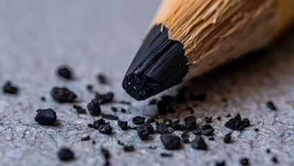 Macro view of a sharpened pencil lead with graphite dust scattered on a textured surface