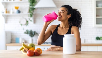 Smiling woman drinks from a pink shaker cup in a bright kitchen.