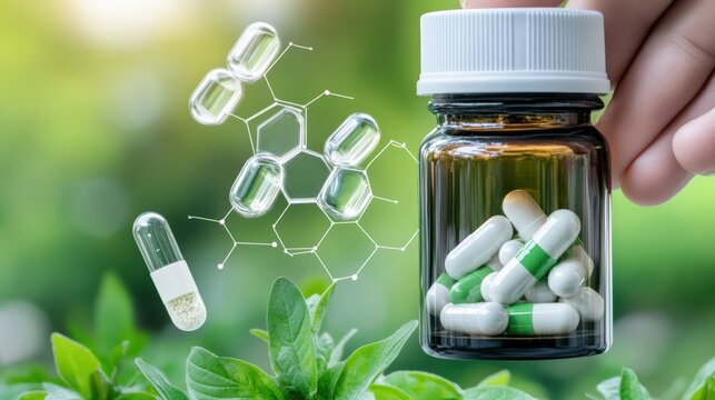 Exploring the Intersection of Nature and Science: A Close-Up of Herbal Medicine, Capsules, and Molecular Structures in a Natural Setting