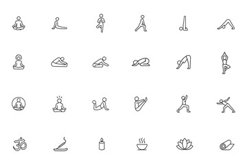 Yoga and Meditation line icon set, vector collection of asana poses, mindfulness and wellness symbols including lotus, om, and mat for relaxation and fitness design