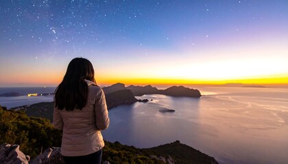 A woman gazes at a breathtaking sunset over a tranquil coastline, with a starry night sky above