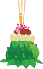 Green Leaf Krathong with Flowers – Thai Loy Krathong Festival Vector