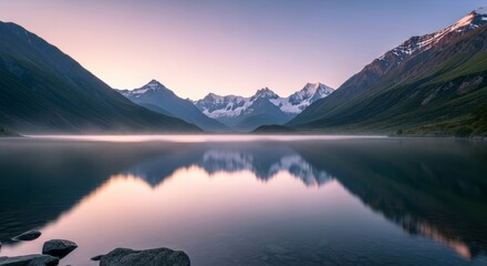 Serene Mountain Lake at Dawn: Wide-Angle Landscape with Towering Peaks and Still Reflections