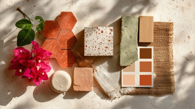 brazilian tropical house mood board with natural materials and earthy color palette