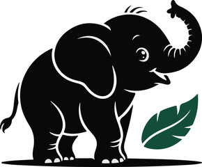 Fototapeta premium Adorable Baby Elephant Silhouette: Playful, Tropical, Vector Illustration, Black and Green.