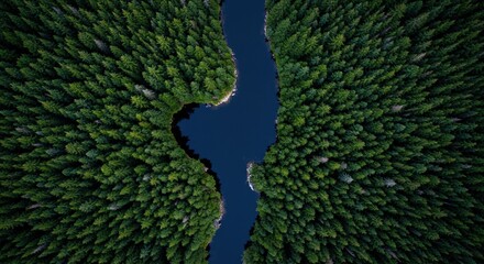 An authentic aerial view of a river winding through a forest