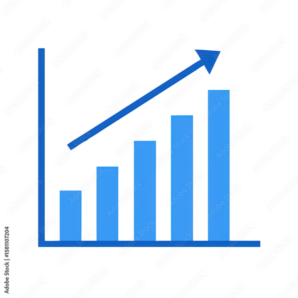 Poster blue bar graph with arrow on transparent background