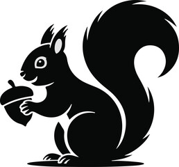 Charming Black Silhouette Squirrel Holding Acorn:  Autumnal, Nature, Wildlife Logo Design
