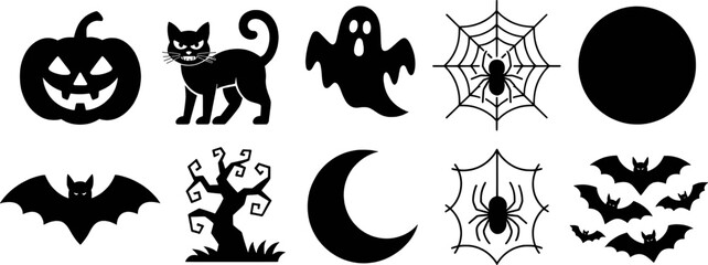 Halloween icons black silhouettes spooky creatures and symbols pumpkin