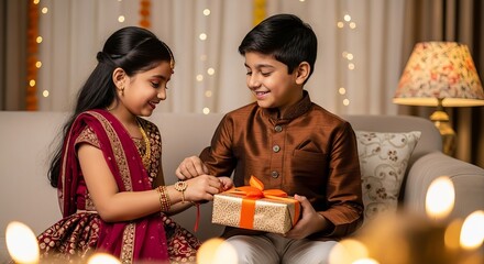 A brother gives a gift to his sister during a festive indian celebration