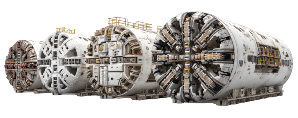 Detailed Studio-Lit Professional Four tunnel boring machines T digital artwork, PNG cutout, ideal for graphic design and web banners, royalty-free, digital downloads, content creation