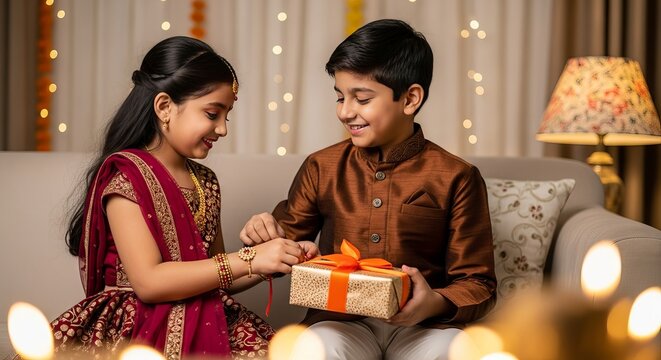 A brother gives a gift to his sister during a festive indian celebration - Powered by Adobe