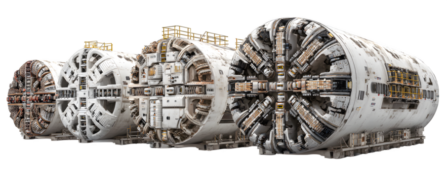 Detailed Studio-Lit Professional Four tunnel boring machines T digital artwork, PNG cutout, ideal for graphic design and web banners, royalty-free, digital downloads, content creation - Powered by Adobe