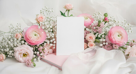 Blank card nestled among pink roses, ranunculus, and baby's breath flowers, creating a delicate, romantic scene, ideal for invitations or announcements