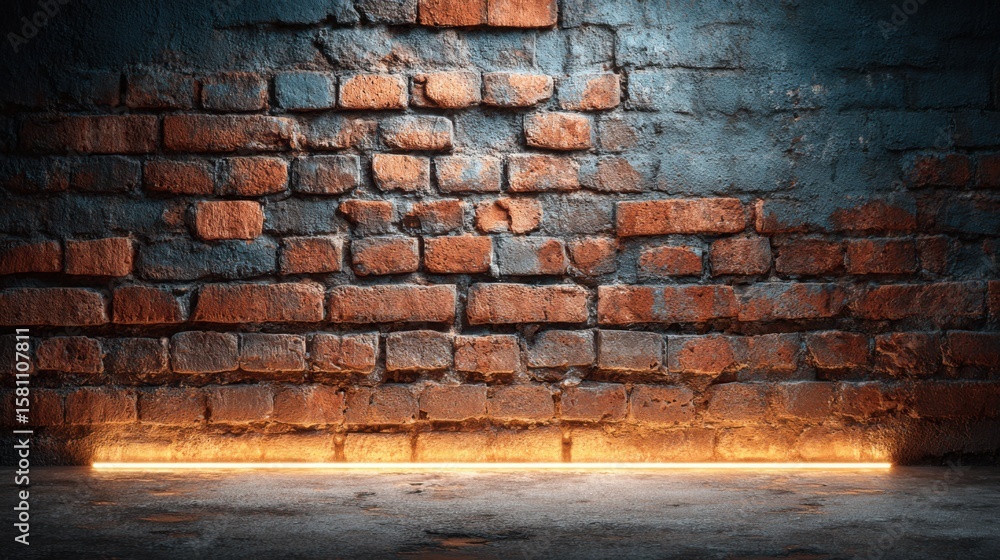 Poster textured bricks create a rustic backdrop illuminated by warm light, showcasing the interplay of colo