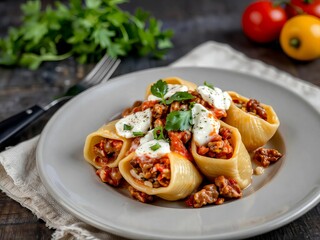 Stuffed pasta shells with meat and sauce garnished with herbs served on a gray plate