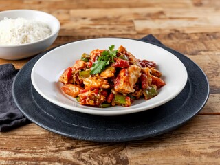 Tasty chicken stir-fry with vegetables served in a white bowl with rice on a wooden table
