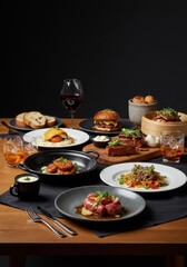 Varied Gourmet Dinner Setting on Dark Wooden Table