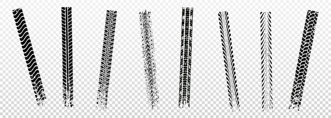 Traces of car, motorcycle tread. Curved realistic traces of tires of wheels from different types of tread vector png. Car wheels on disks.   © Iryna