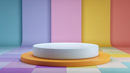 Podium with colorful pastel background. geometric shape for product display presentation. Minimal scene for mockup products, stage showcase, promotion display.