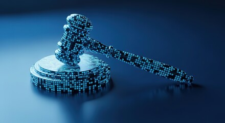 Digital justice concept pixelated gavel and podium representing modern legal systems and technology