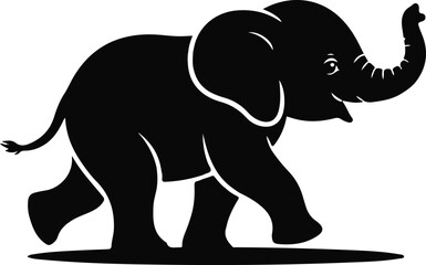 Obraz premium Playful Baby Elephant Silhouette: Walking, Black, Simple Vector Illustration