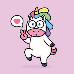 Playful Unicorn with Heart Bubble and Peace Sign