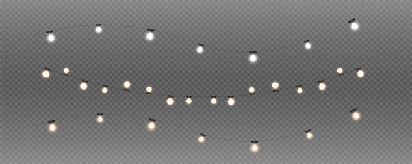 Christmas and New Year glowing garlands of bulbs and lights. Design element for holiday cards, backgrounds, business cards, vector png on transparent background.