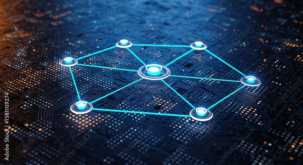 Aufkleber abstract digital network of glowing nodes connected by bright blue lines over a dark circuit board b
