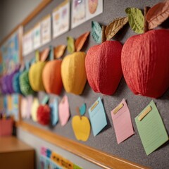 Bulletin board in classroom decorated with back to school crafts, paper apples, name tags, and colorful paper cutouts, realistic lighting, clean composition 