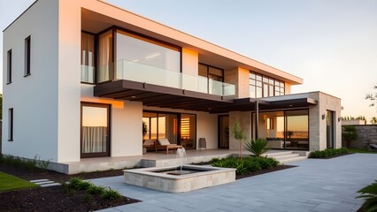 A luxurious modern villa with two stories and floor-to-ceiling glass windows, situated in a landscaped setting. The color scheme is composed of cream, warm wood, and soft stone. The image captures the