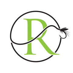 Initial Letter R Fishing Logo Design Concept With Fishing Hook Symbol Vector Template