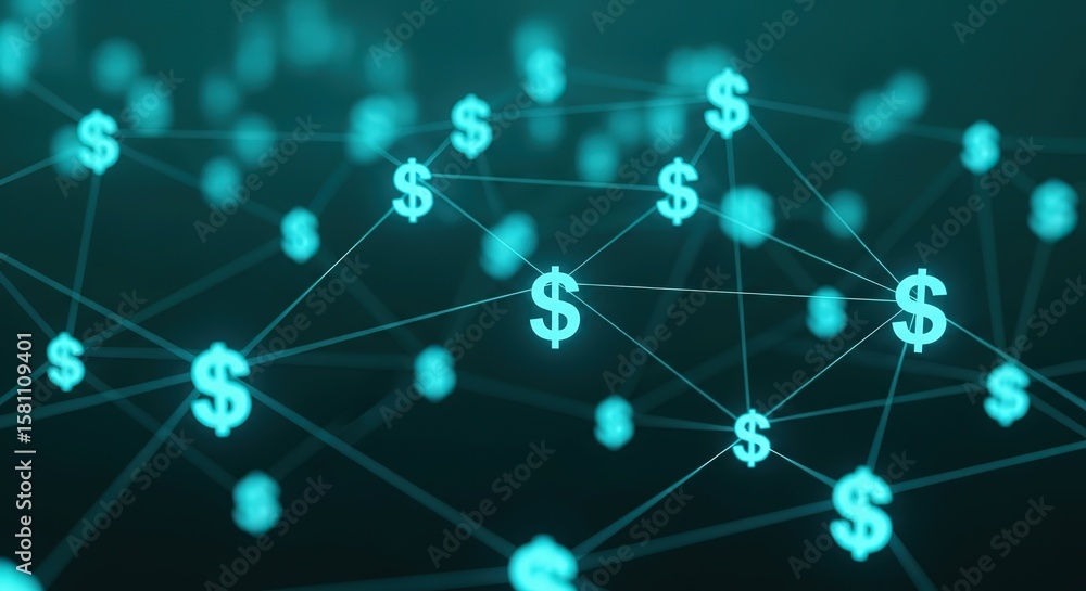 Aufkleber abstract network of glowing cyan dollar signs interconnected by thin lines on a dark background