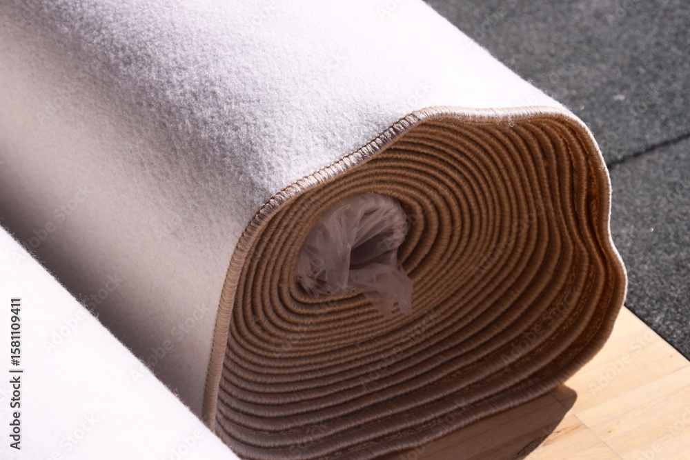 Poster a rolled up carpet lying flat on top of a wooden table, ideal for use as a prop or background elemen