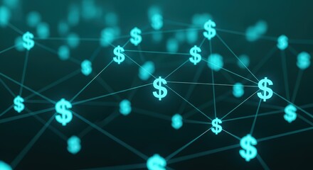 Abstract network of glowing cyan dollar signs interconnected by thin lines on a dark background