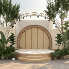 Modern outdoor stage with tiered wooden steps and lush greenery