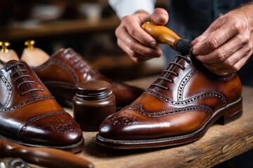 Skilled cobbler shines leather shoes in a workshop during the afternoon