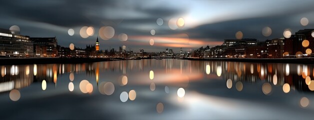 Blurred evening light captures at dusk, showcasing vibrant street lights reflecting in calm waters
