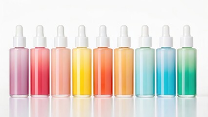 Fototapeta premium A row of gradient colored dropper bottles lined up against a white background