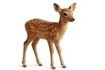 Fawn sporting soft white spots standing elegantly against clean white background, highlighting youthful woodland innocence