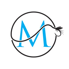 Initial Letter M Fishing Logo Design Concept With Fishing Hook Symbol Vector Template
