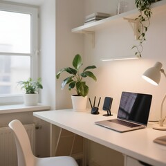 Minimalist Home Office Setup with Laptop and Plants
