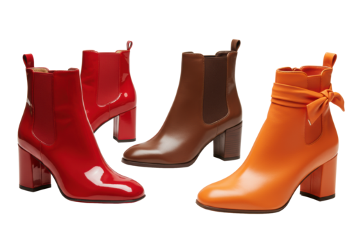 A trio of stylish ankle boots: glossy red patent, smooth brown chelsea, vibrant orange with bows, standing upright on a transparent isolated background, clean product photography showcase