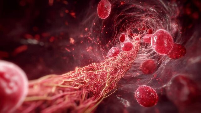 An informative 3D sequence depicting the symptoms of high cholesterol by animating a blood vessel under strain. As the vessel narrows the animation reveals the impact on surrounding