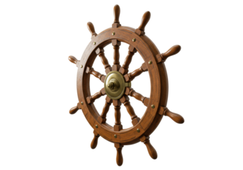 An antique wooden ship's helm, intricately carved and polished, rich aged tone, isolated against a transparent studio background with copy space, bright even lighting, 3/4 view, maritime heritage and