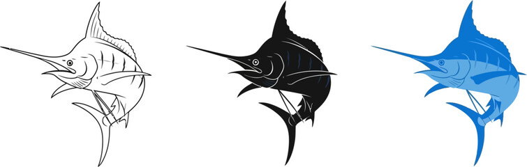 Marlin fish vector set displays outline, silhouette, and colored version