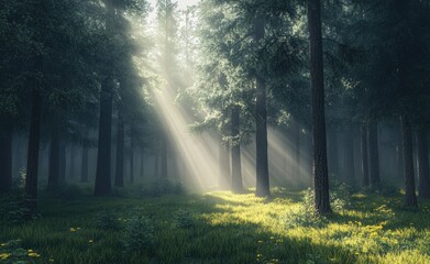 Obraz premium Sunlight streams through misty forest (1)