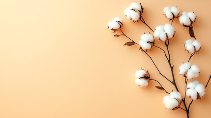 A cotton plant branch with fluffy white flowers is lying on a soft beige background